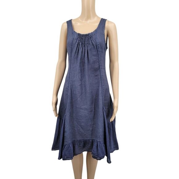 Lina Tomei Italian Linen Silk Blue Sleeveless Dress Pleated and Ruffle Details - Picture 1 of 12